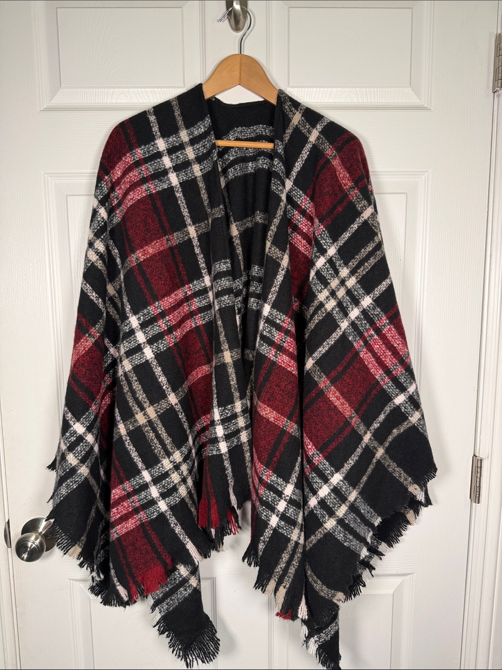 LOFT Black & Red Plaid Open-Front Wrap Cape
